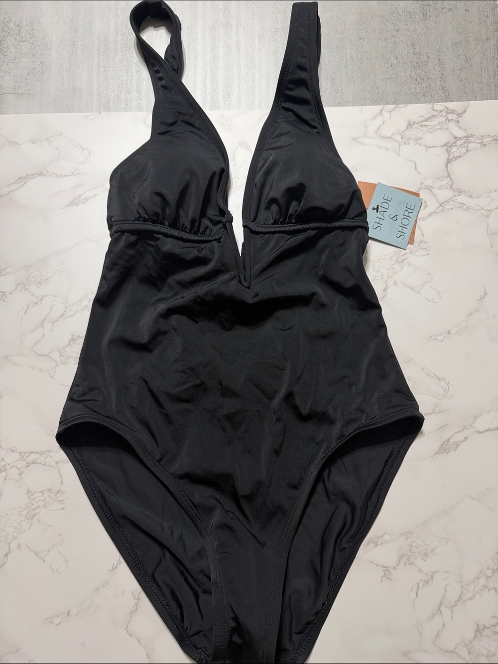 Shade & Shore Black Plunge V-Neck One-Piece Swimsuit